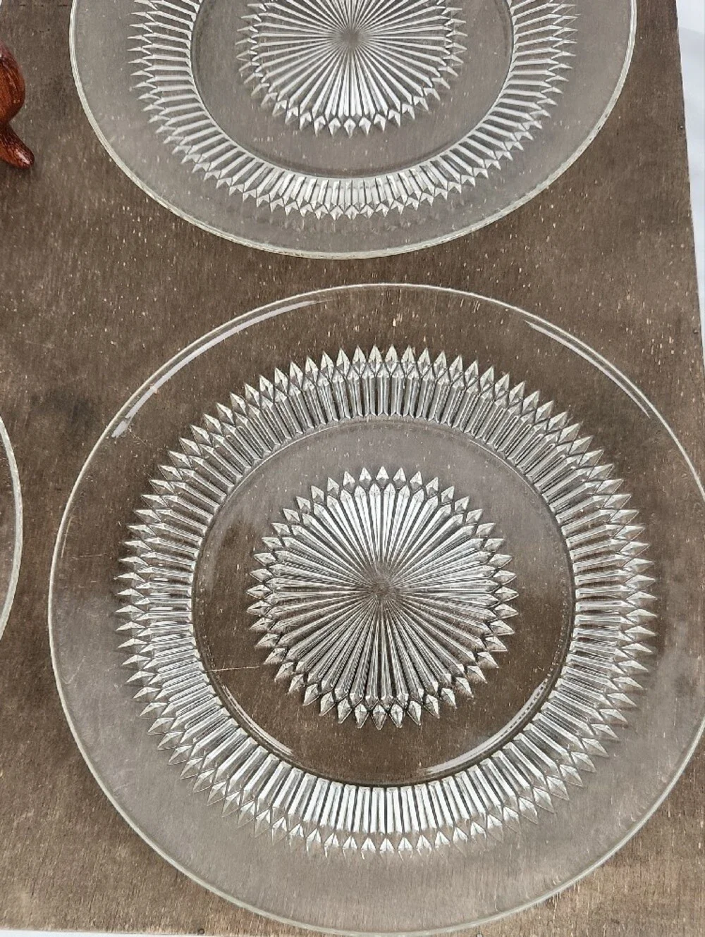 Vintage Pressed Glass Serving Plates Set of 4 Starburst Cut Rear Impressions